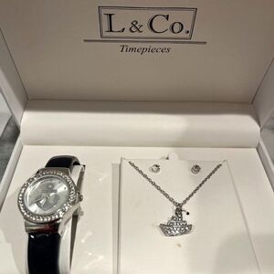 L & Co. Sailboat Watch Necklace & Earring Set